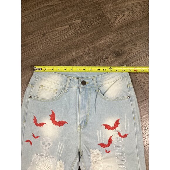 Mens Light Blue Denim Jeans With Red Bat & Skeleton Print Size 28 Streetwear NEW - Picture 5 of 12